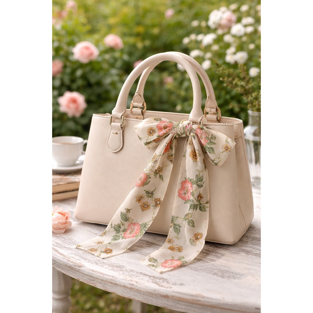 Vintage Floral Chiffon Scarf Purse Handle Wrap Cream Pink Sheer